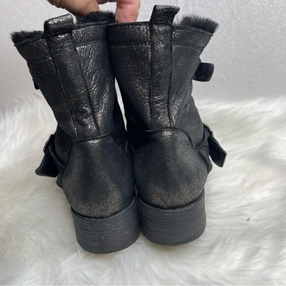 Barneys New York Fur Lined Metallic Moto Boot Black 37 - Picture 3 of 7